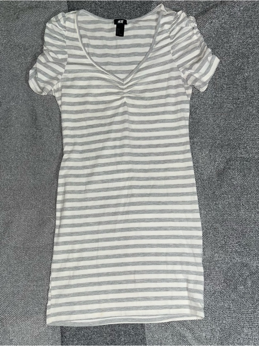 H&M White & Light Gray Striped V‑Neck Mini Dress